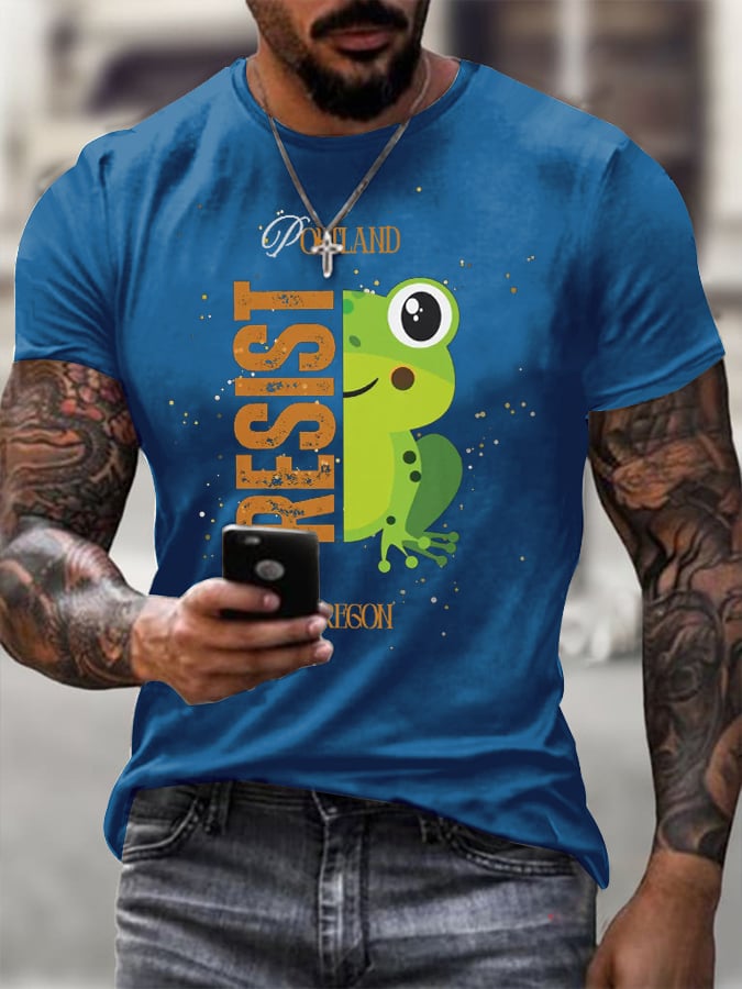 Men's Retro Portland Frog Protest Printed Round Neck T-Shirt