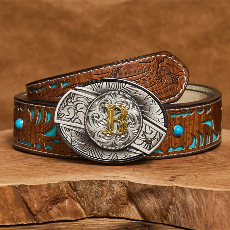 Two-Tone Initial Letter DIY Hidden Knife Buckle Leather Belt