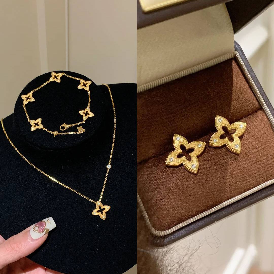 Retro Brushed Finish Openwork Four-Leaf Clover Stud Earrings, Necklace and Bracelet