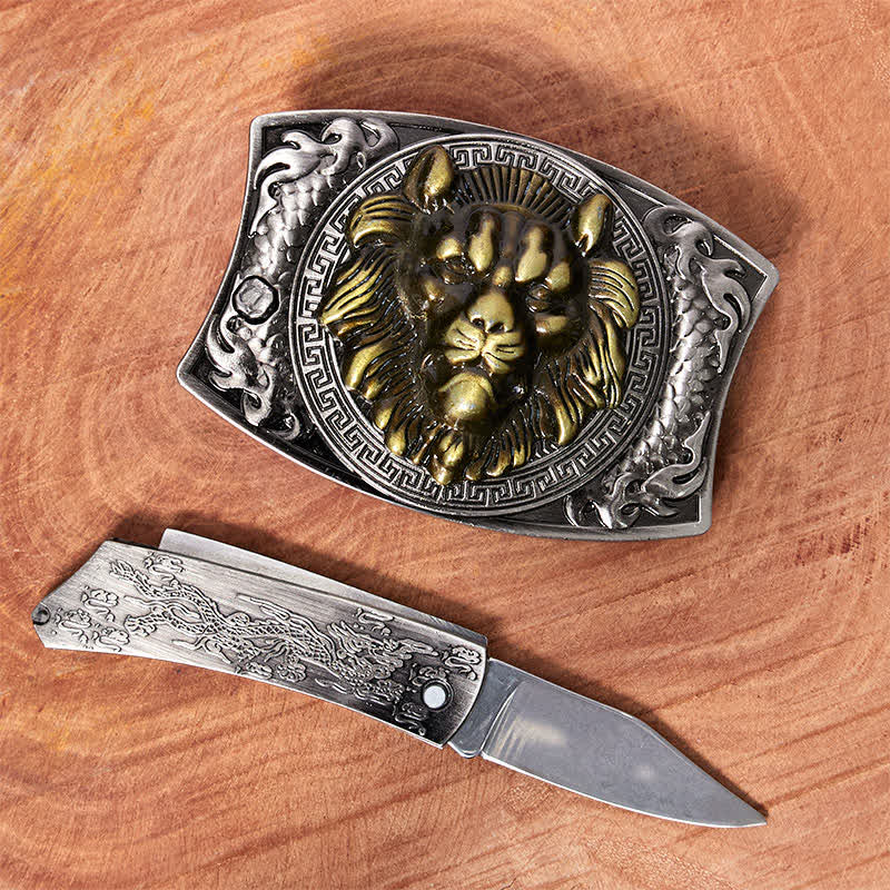 DIY Gold Lion Hidden Folding Knife Leather Belt