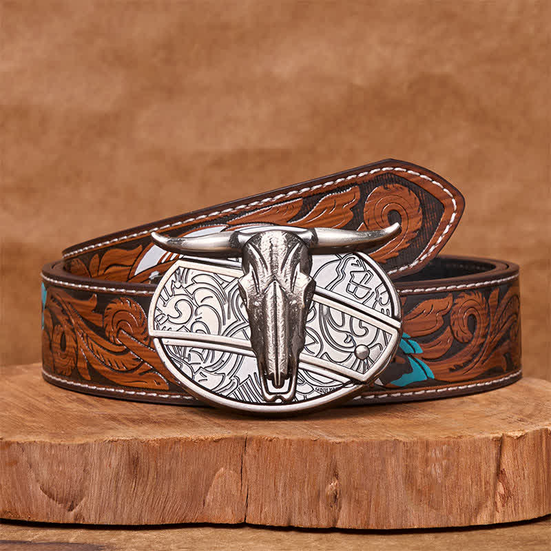 Bull's Head DIY Hidden Knife Silver Western Vintage Buckle Leather Belt