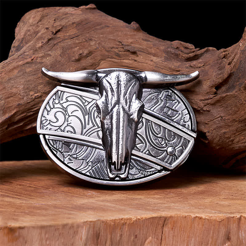 Bull's Head DIY Hidden Knife Silver Western Vintage Buckle Leather Belt
