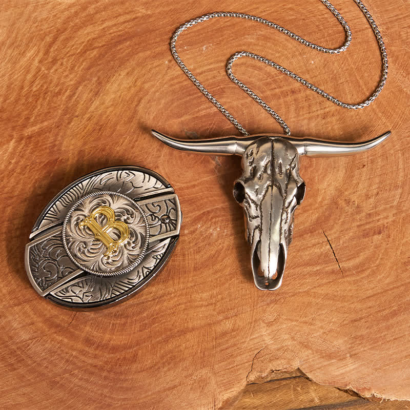 Initial Letter DIY Hidden Knife Belt Buckle Longhorn Pendant Bundle Set