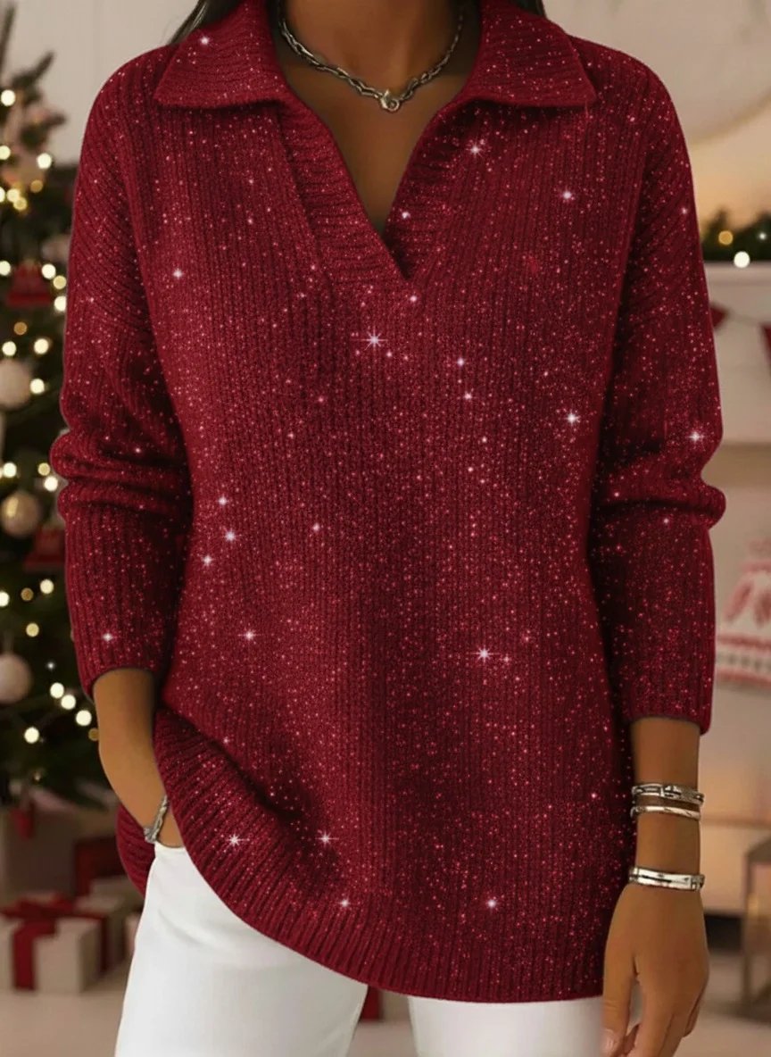 🎄 New Arrivals🔥 Christmas Party Polo Collar Shiny Loose Sweater Top