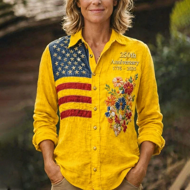 Women's 250th Anniversary American Flag Floral Button-Up Shirt