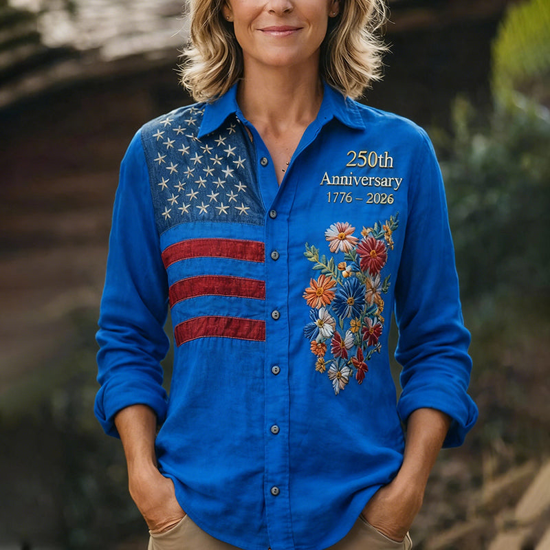 Women's 250th Anniversary American Flag Floral Button-Up Shirt
