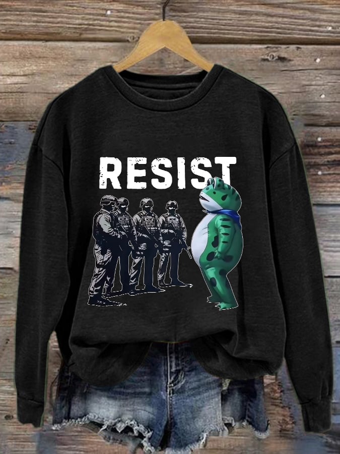 Women's Retro Resist Frog Printed Round Neck Sweatshirt