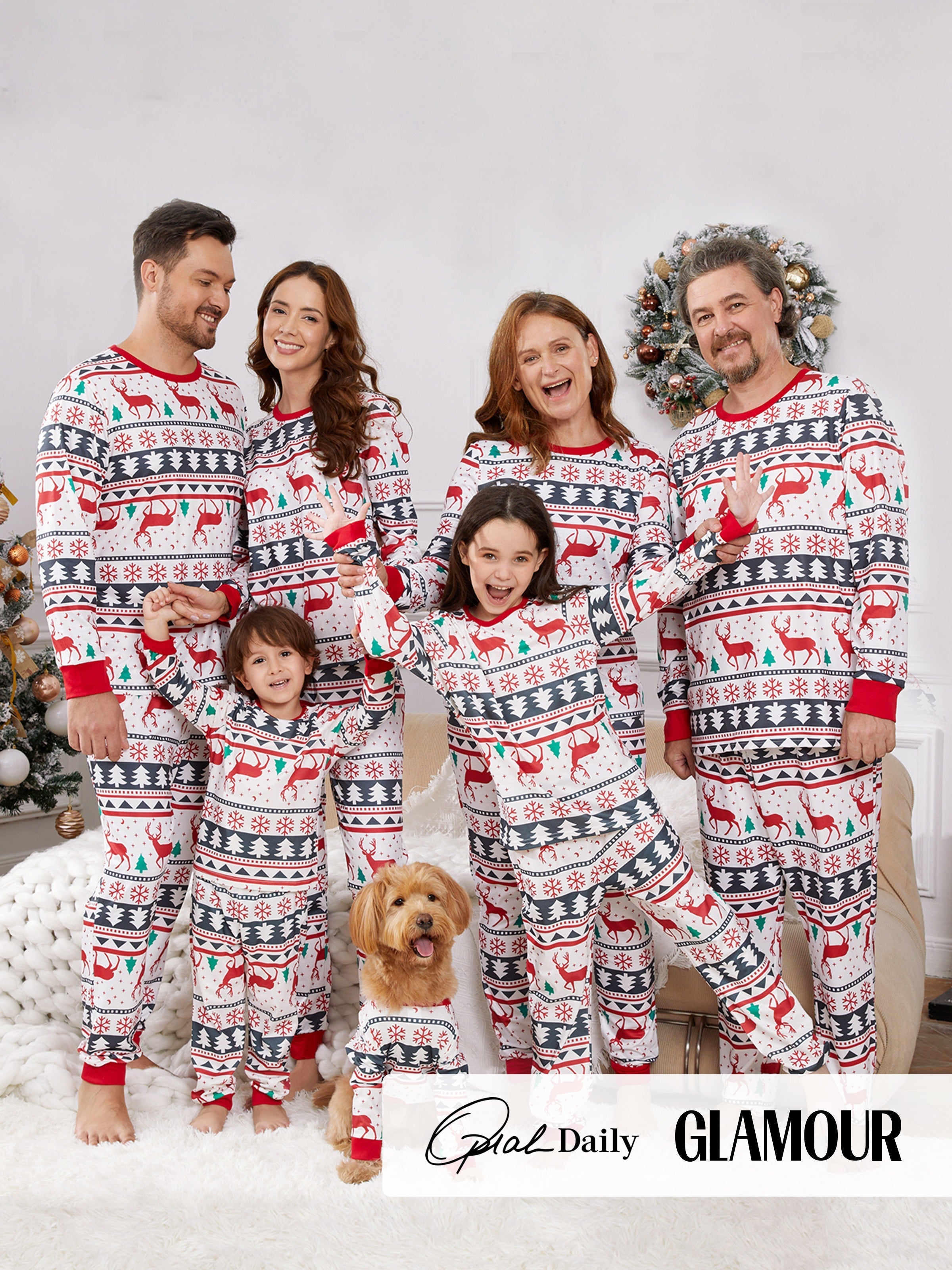 Family Christmas Pajamas All Over Reindeer Print Long-sleeve with Christmas Socks (SGS Certied Safety) Red+White