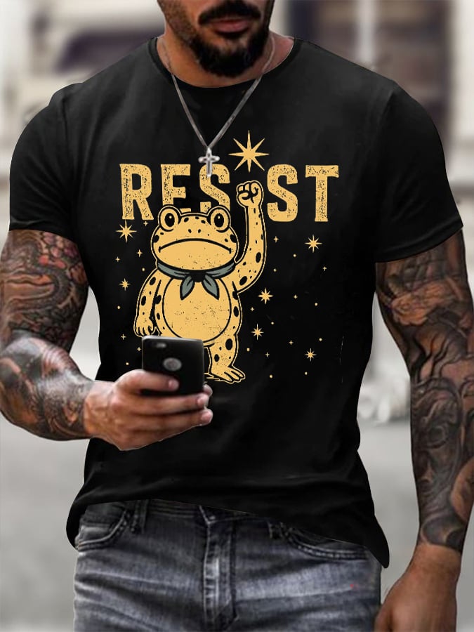 Men's Retro Resist Frog Printed Round Neck T-Shirt