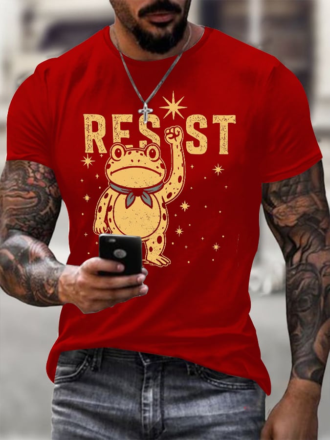 Men's Retro Resist Frog Printed Round Neck T-Shirt