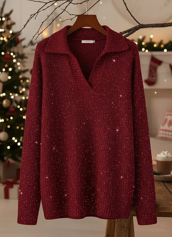 🎄 New Arrivals🔥 Christmas Party Polo Collar Shiny Loose Sweater Top