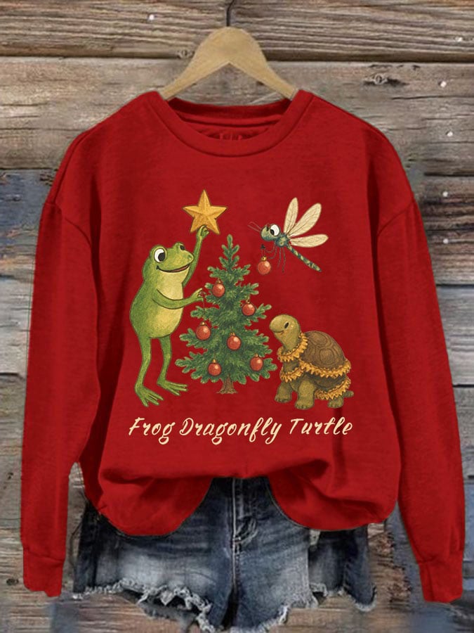 Women's Frog Dragonfly Turtle Printed Round Neck Sweatshirt