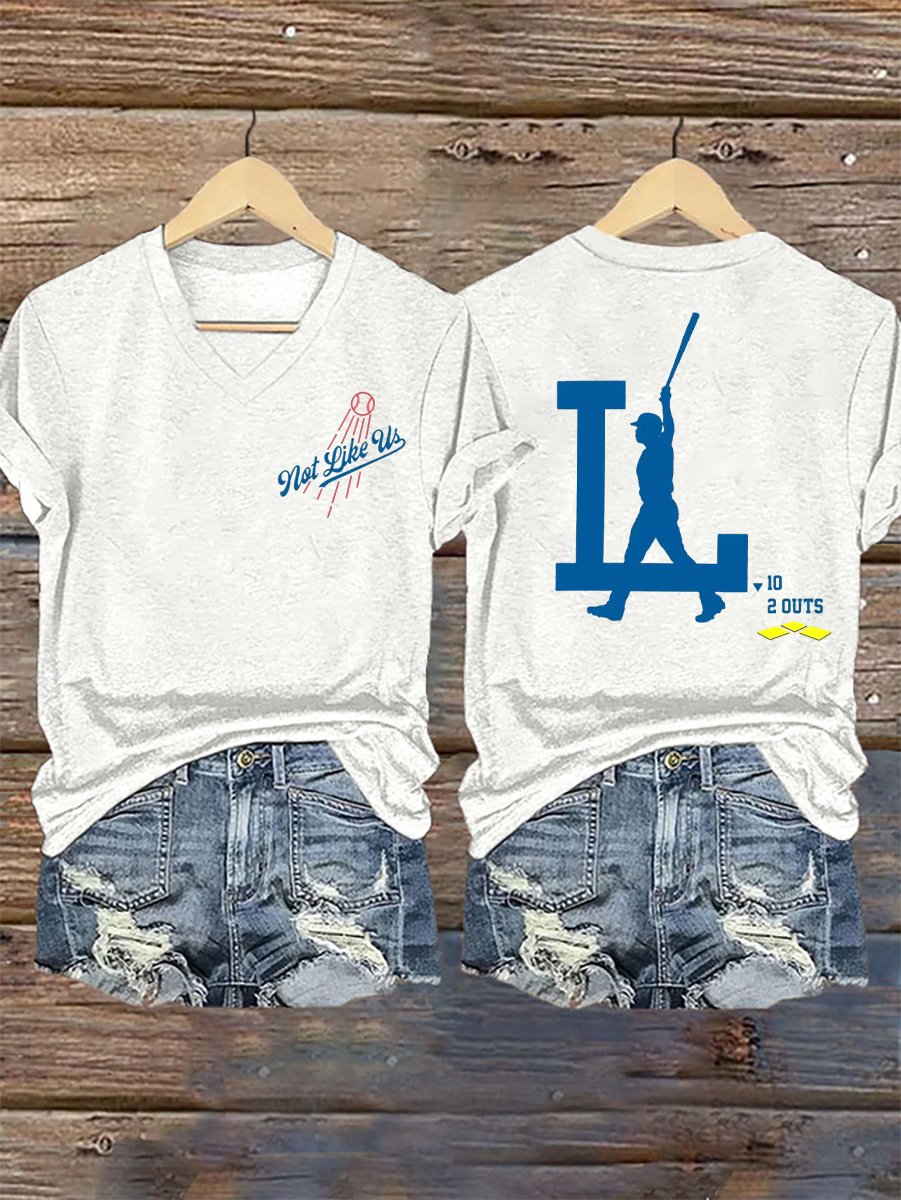 Women's Baseball Print V Neck T-shirt
