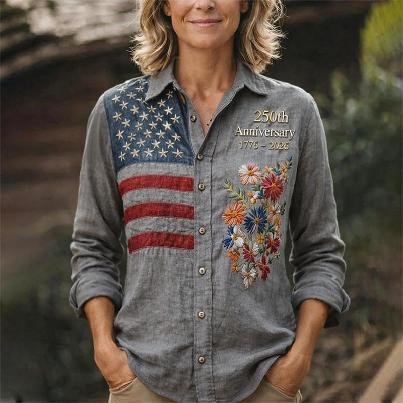 Women's 250th Anniversary American Flag Floral Button-Up Shirt