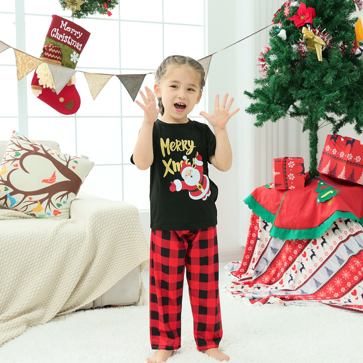 Red Plaid Matching Family Christmas Pajamas-Short Sleeves