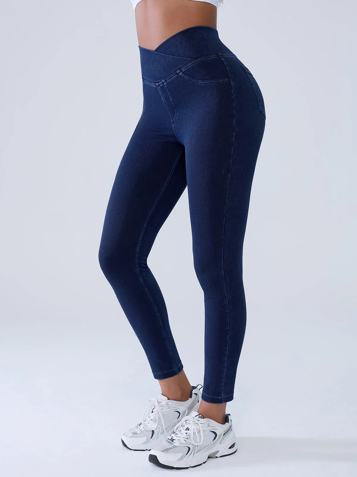 Crossover Denim Side Pockets Sculpting Leggings
