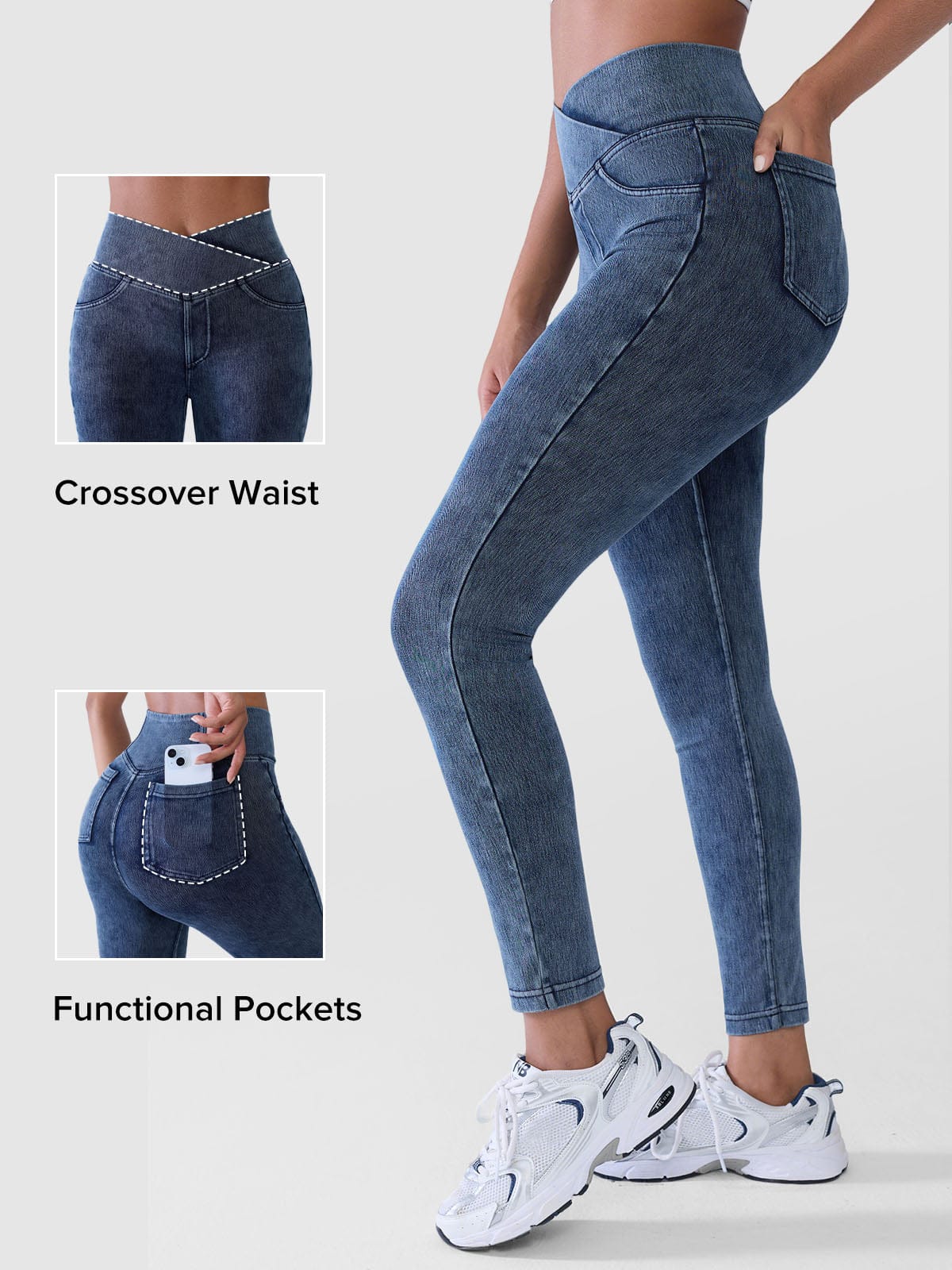 Crossover Denim Side Pockets Sculpting Leggings