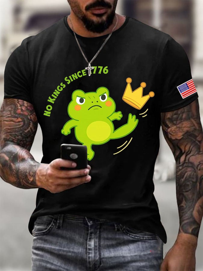 Men's No Kings Frog Printed Round Neck T-Shirt