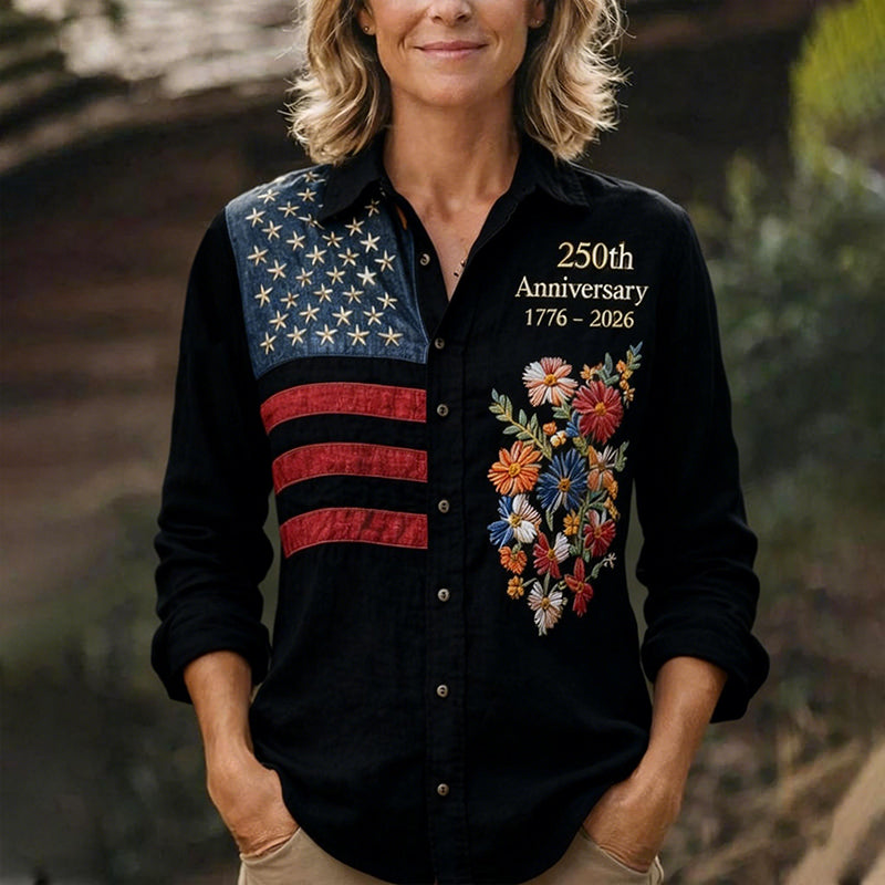 Women's 250th Anniversary American Flag Floral Button-Up Shirt