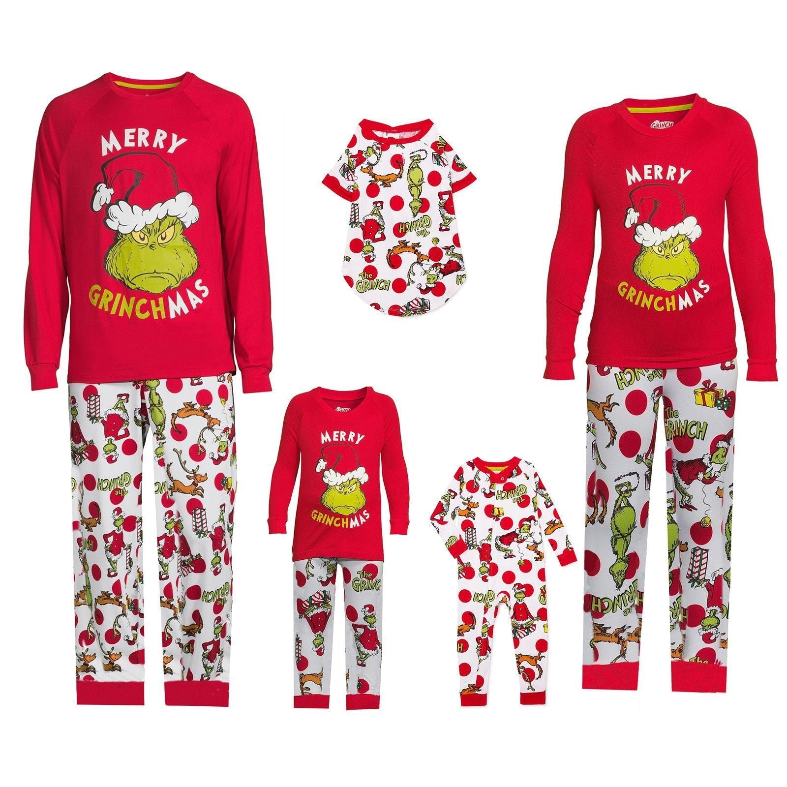 Red Top with Holiday Character Print Pants Matching Family Christmas Pajamas| Adults, Kids & Pets