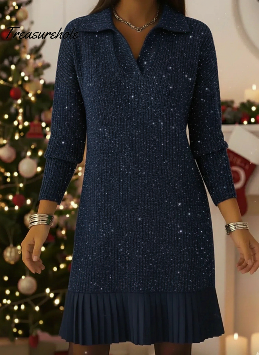 🎄New Arrivals🔥Christmas Elegant Polo Neck Shimmering Knit Dress