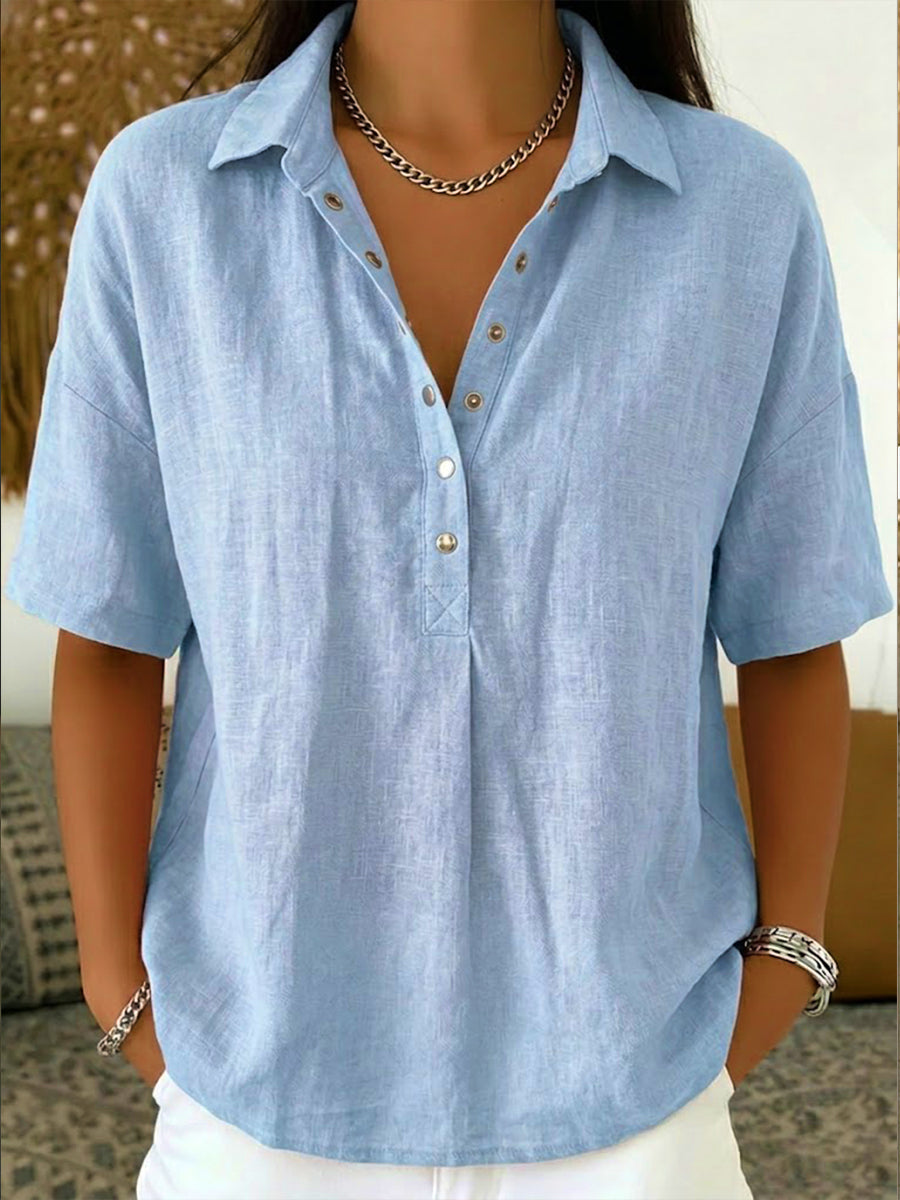 Women's Cotton Linen Polo Shirt – Casual Short Sleeve Summer Top
