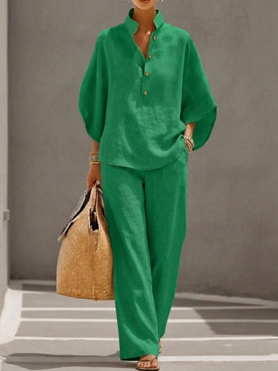 Plus Size Friendly Women's Batwing Sleeve Linen Cotton Two-Piece Set – Casual Shirt & Wide Leg Pants Outfit