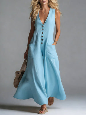 Women's deep V-neck maxi dress in Blue– front view