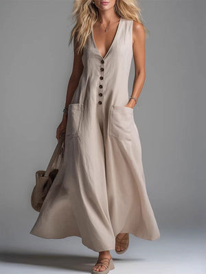 Women's deep V-neck maxi dress in Khaki – front view