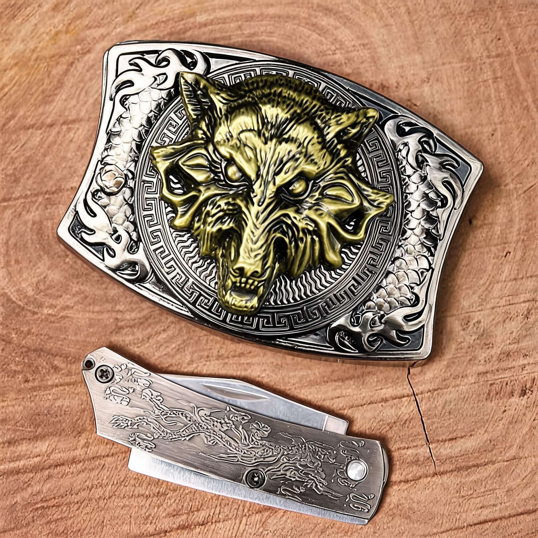 DIY Wolf Head Hidden Folding Knife Leather Belt