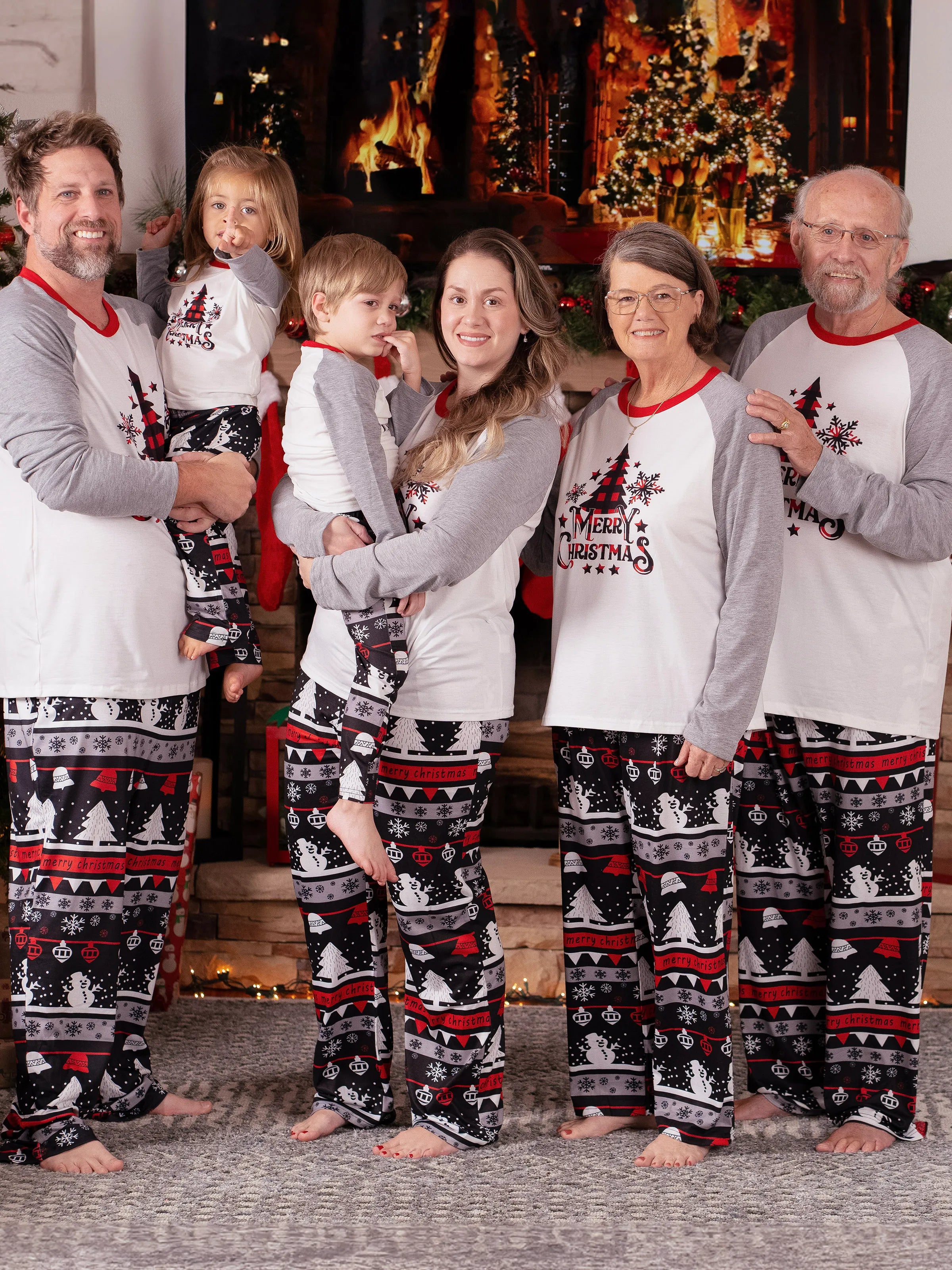 Christmas Tree Snowflake and Letters Print Grey Family Matching Long-sleeve Pajamas Sets with Christmas Socks Grey
