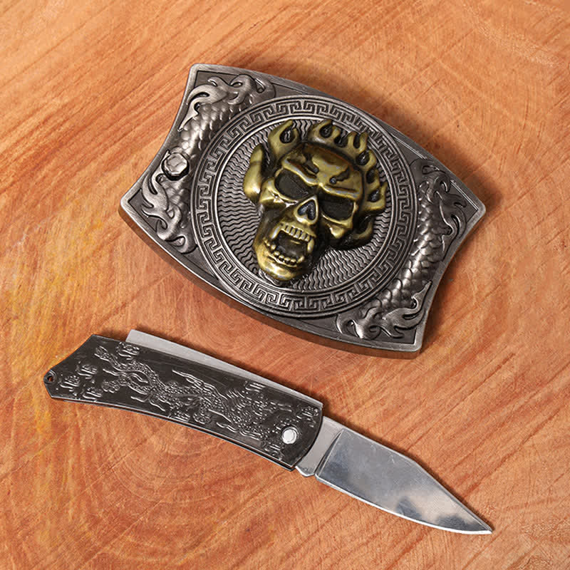 DIY Flame Skull Hidden Folding Knife Leather Belt