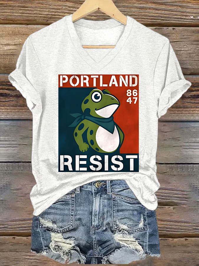 V-neck Women's  Portland Frog 8647 resist Print T-Shirt
