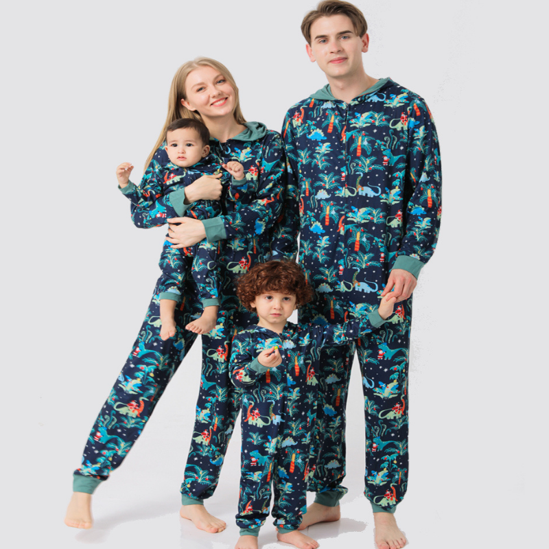 Blue Christmas Hooded Matching Family Christmas Pajamas Onesies