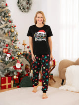 Christmas Family Matching Letters&Festive light bulb Print Short-sleeve Pajamas Sets Black