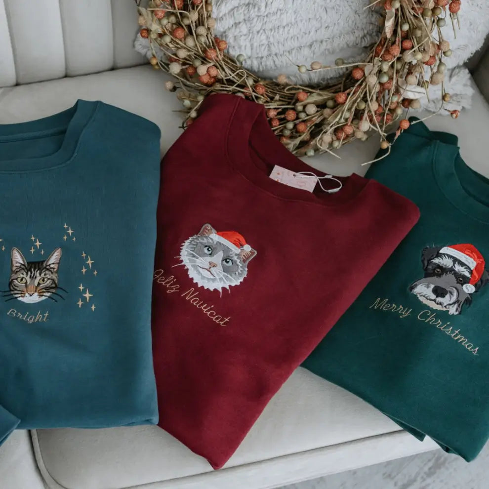 Sweat-shirt à capuche et portrait d'animal de compagnie brodé personnalisé, cadeau de Noël 
