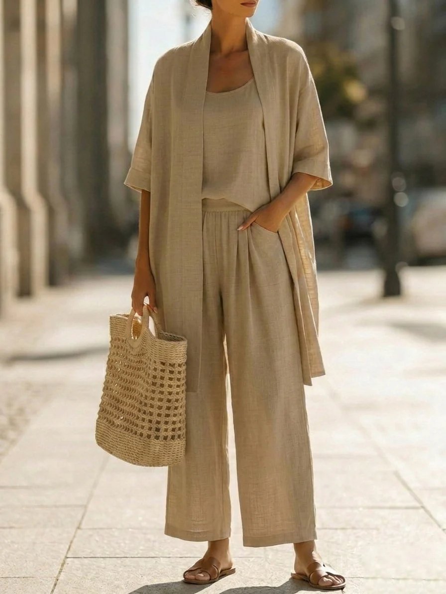 Minimalist Linen-cotton Three-piece Set - Comfortable For Everyday Wear