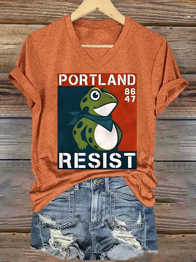 V-neck Women's  Portland Frog 8647 resist Print T-Shirt