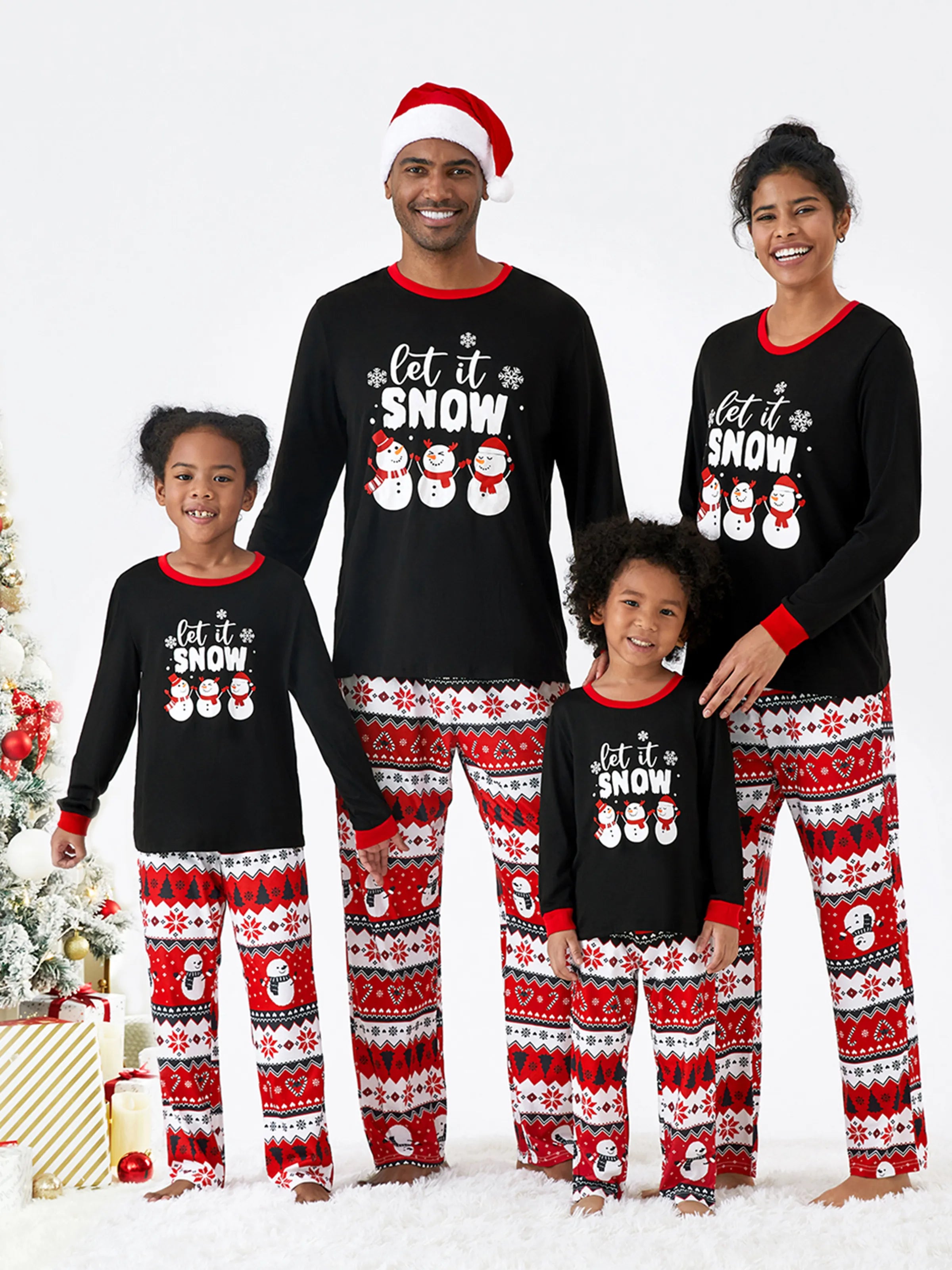Christmas Family Pajamas Set Snowman Print Long-sleeve PJS with Christmas Socks Black