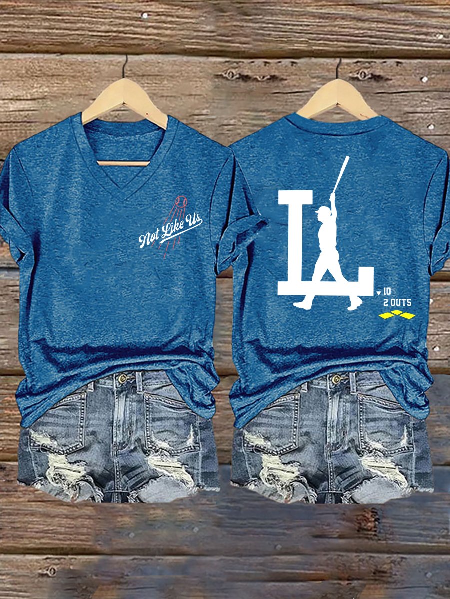 Women's Baseball Print V Neck T-shirt