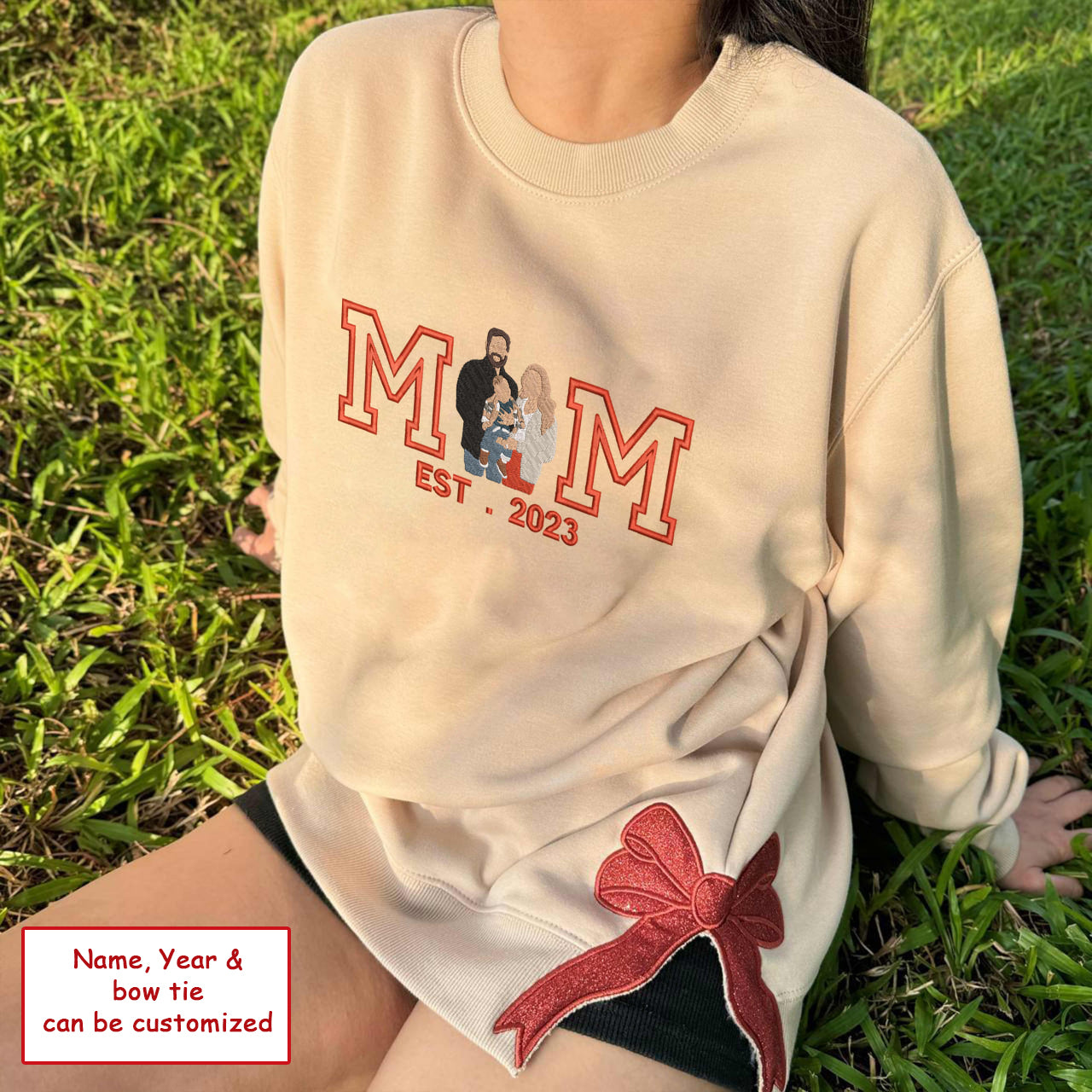 Sweat-shirt à capuche personnalisé avec photo de famille brodée et nœud à paillettes pour Noël