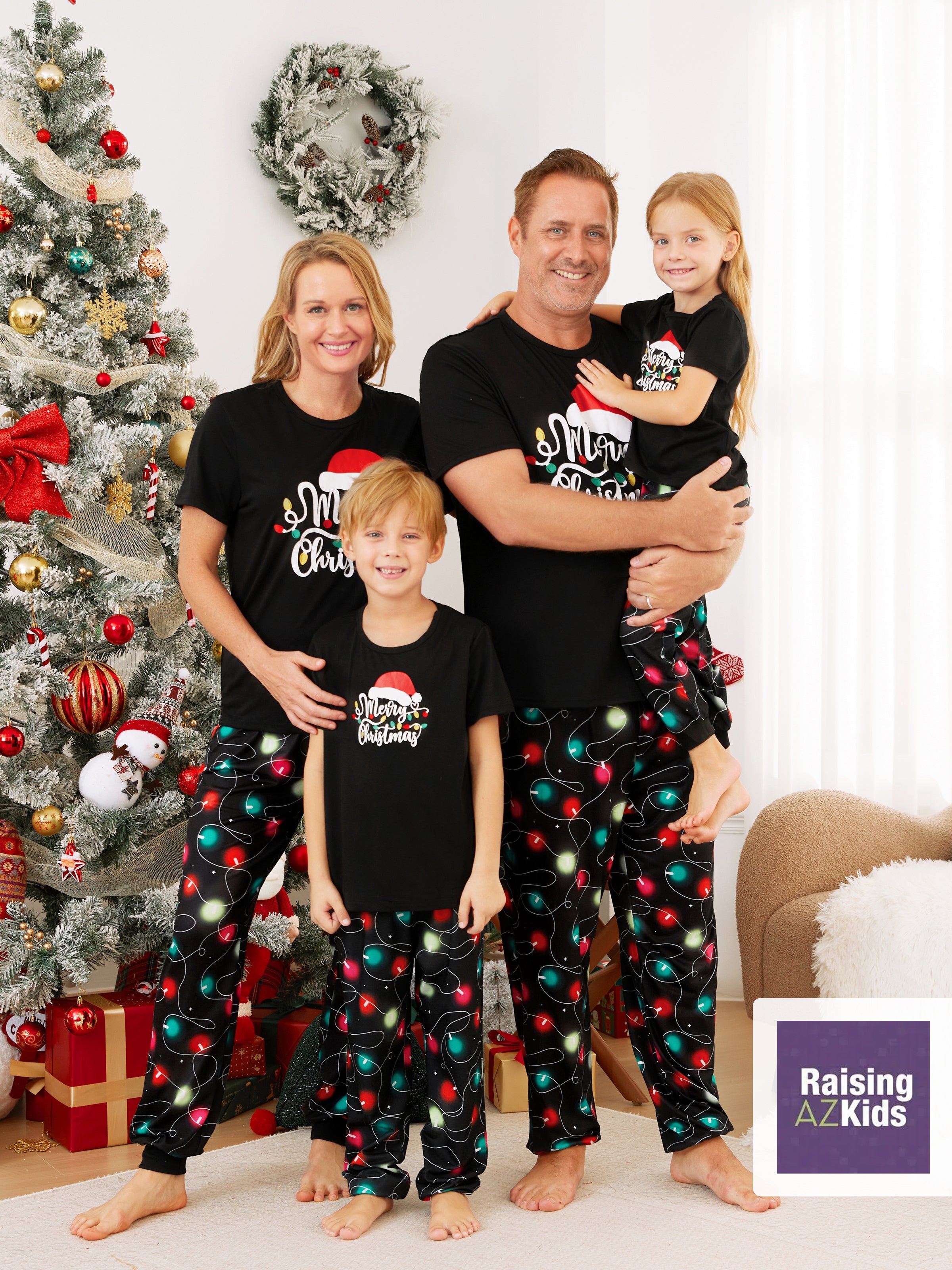 Christmas Family Matching Letters&Festive light bulb Print Short-sleeve Pajamas Sets Black