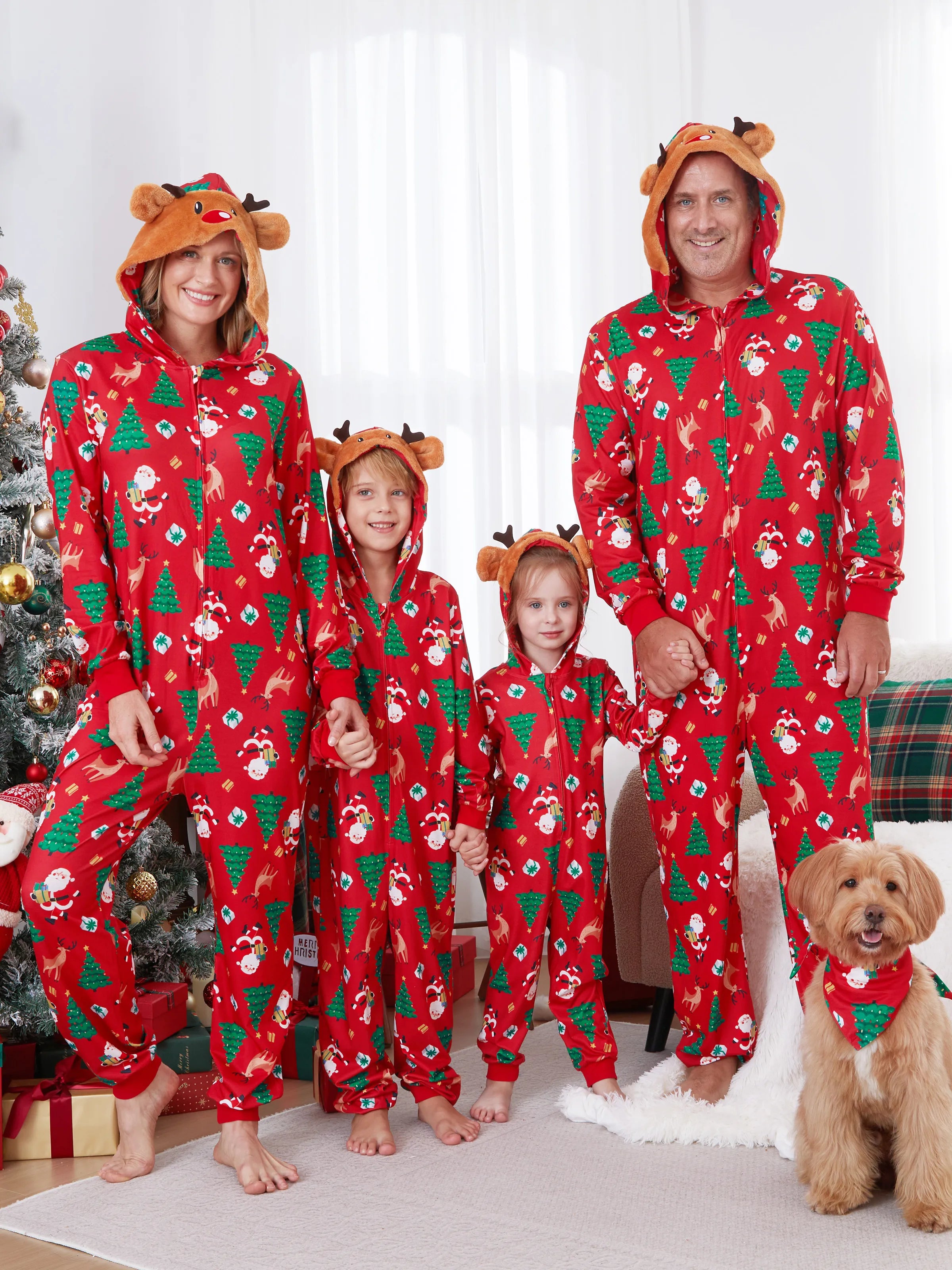 Christmas Family Pajamas Sets 3D Reindeer Hooded Allover Print Onesies with Christmas Socks Red-2