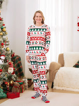 Christmas Pajamas Family Matching Allover Reindeer/Xmas Tree Pattern PJs Sets with Christmas Socks ColorBlock