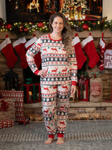 Family Christmas Pajamas All Over Reindeer Print Long-sleeve with Christmas Socks (SGS Certied Safety) Red+White