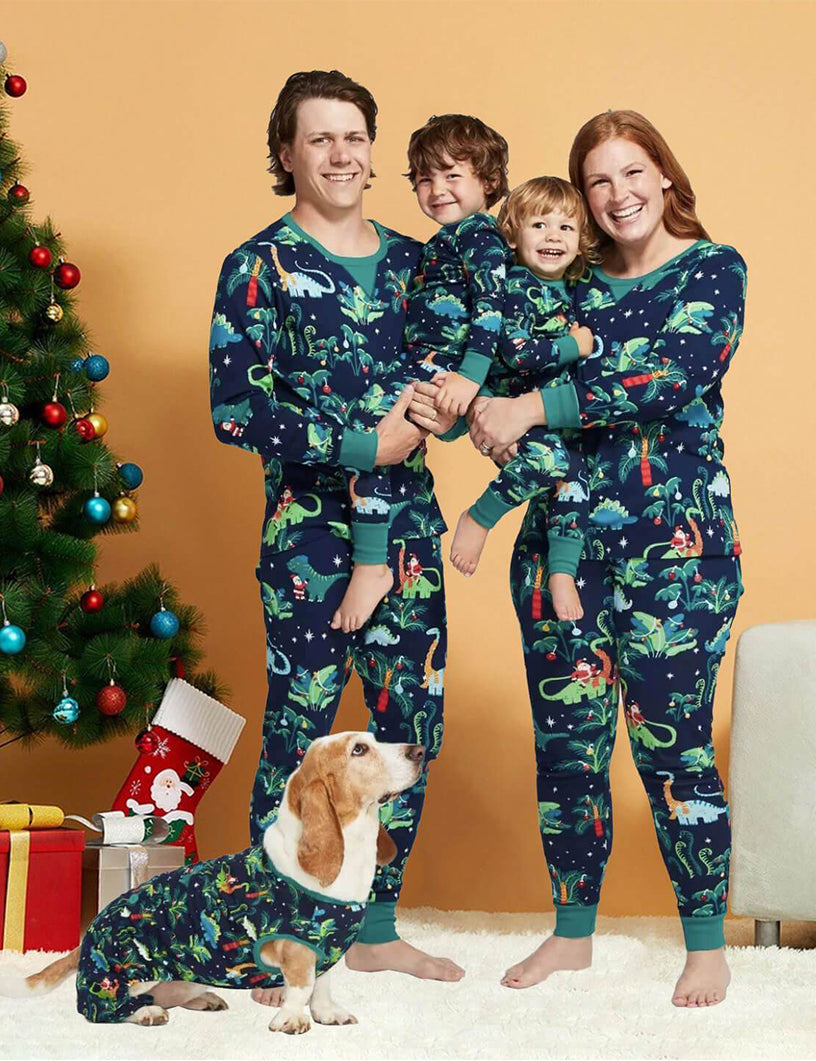 Christmas Dinosaur Patterned Matching Family Christmas Pajamas-Dog Pajamas Included
