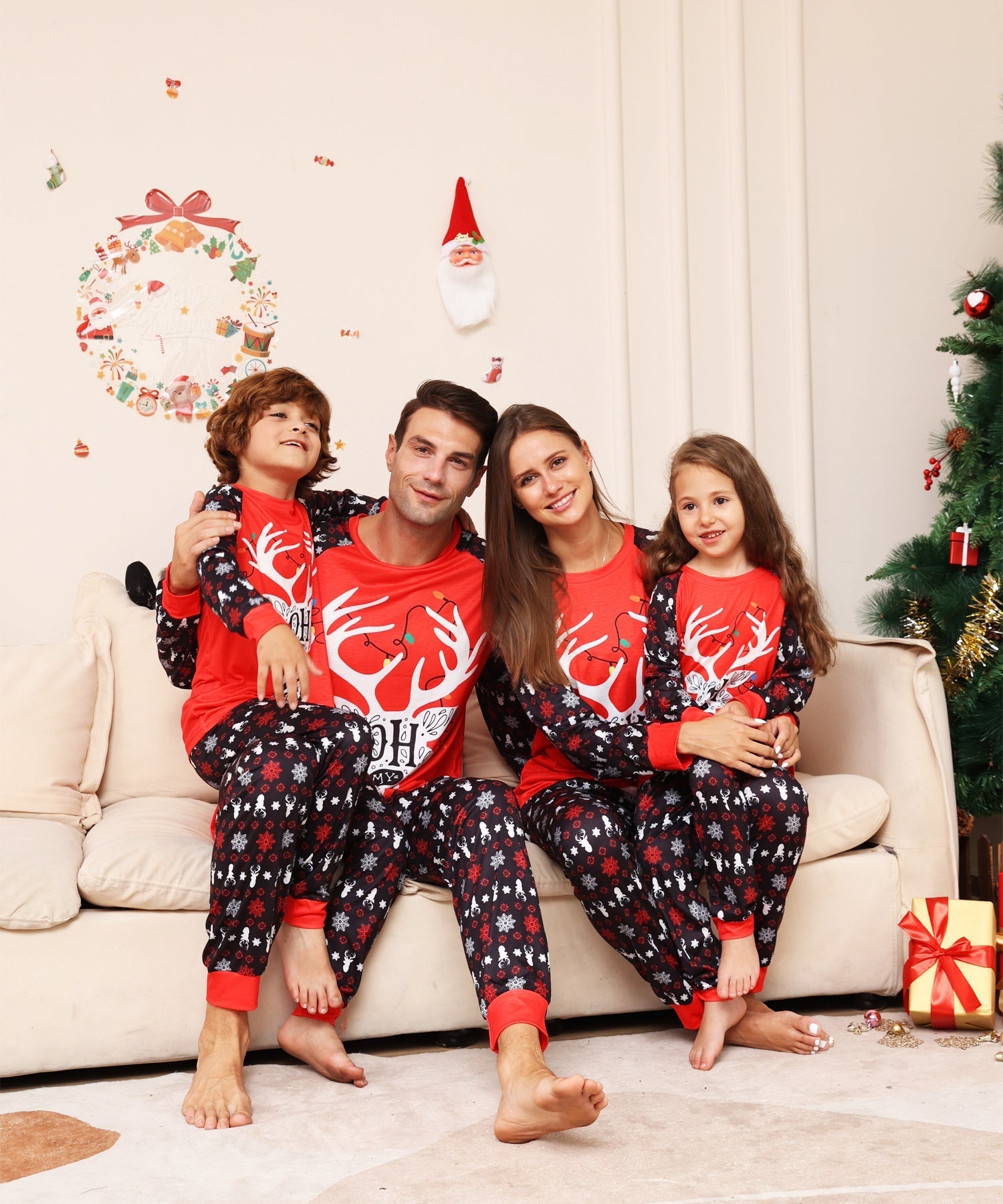 Red Christmas Snow Deer Matching Family Christmas Pajamas (Dog Pajamas Included)