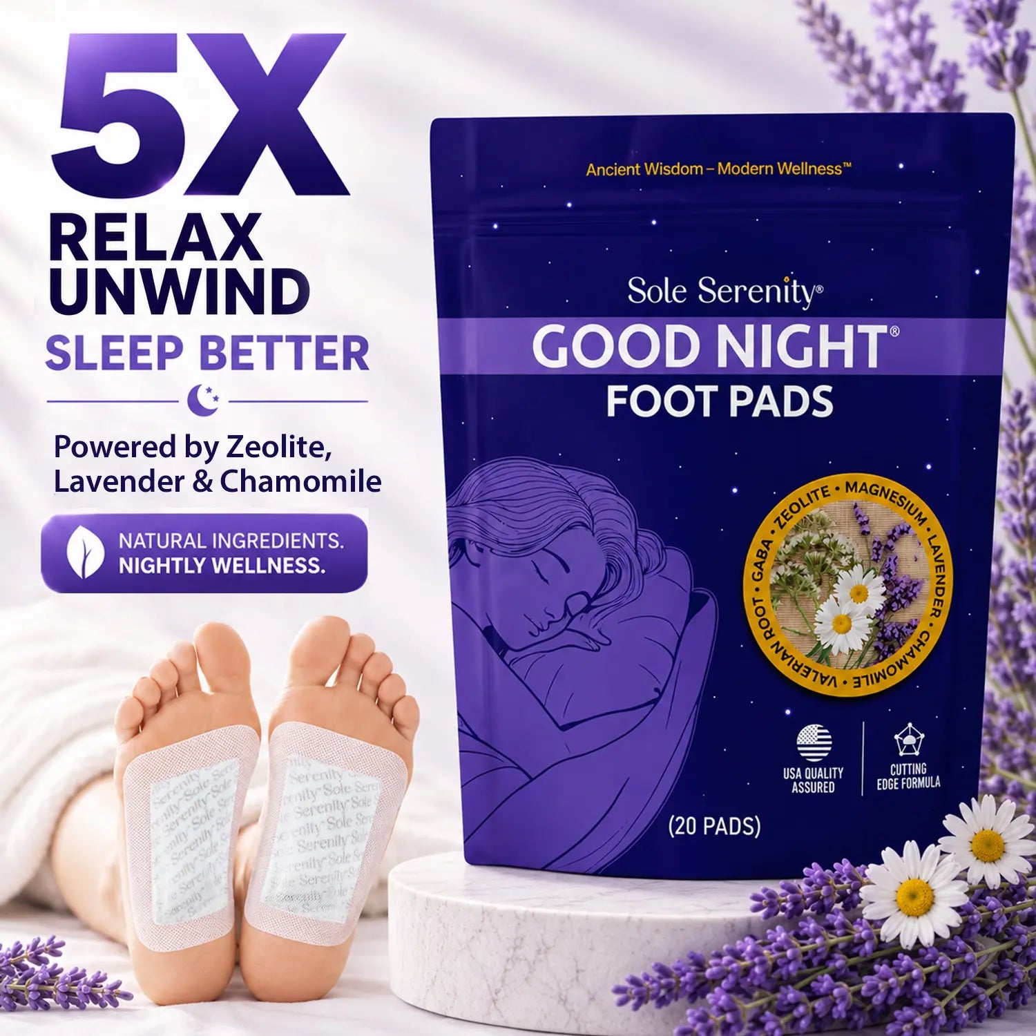 Sole Serenity™ Overnight Foot Pads – 20 Pads | 6 Botanical & Mineral Blends