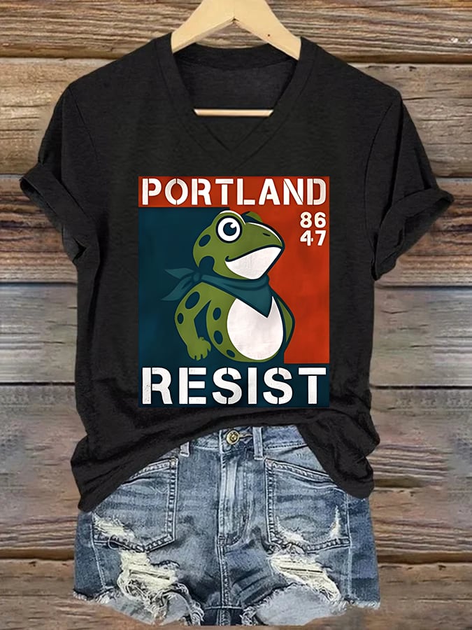V-neck Women's  Portland Frog 8647 resist Print T-Shirt