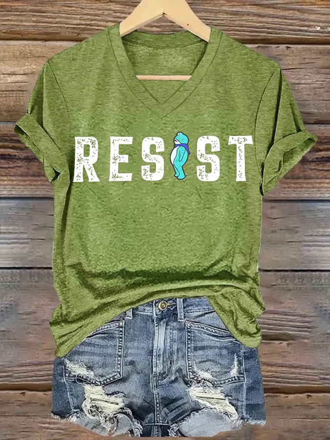 V-neck Women's  Portland Frog resist Print T-Shirt